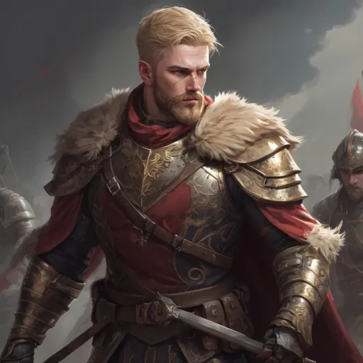 Prompt: (Full body) male stocky masculine manly hunky royal guard with short blonde hair and beard, hairy chest, in a dark battle field, pathfinder, d&d setting, in a realistic high quality digital art style