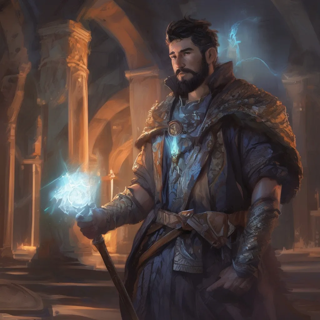 Prompt: (Full body) male stocky arcane-sorcerer with short-cut hair and beard, holding magic staff with swirly lights, no shirt on, very-hairy chest, in a dark underground dungeon temple, pathfinder, d&d setting, in a realistic digital art style