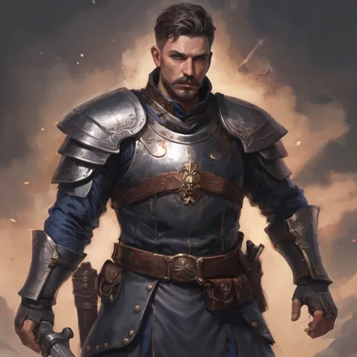 Prompt: (Full body) male stocky masculine royal guard with short hair and mustache, hairy chest, in a dark battle field, pathfinder, d&d setting, in a realistic high quality digital art style