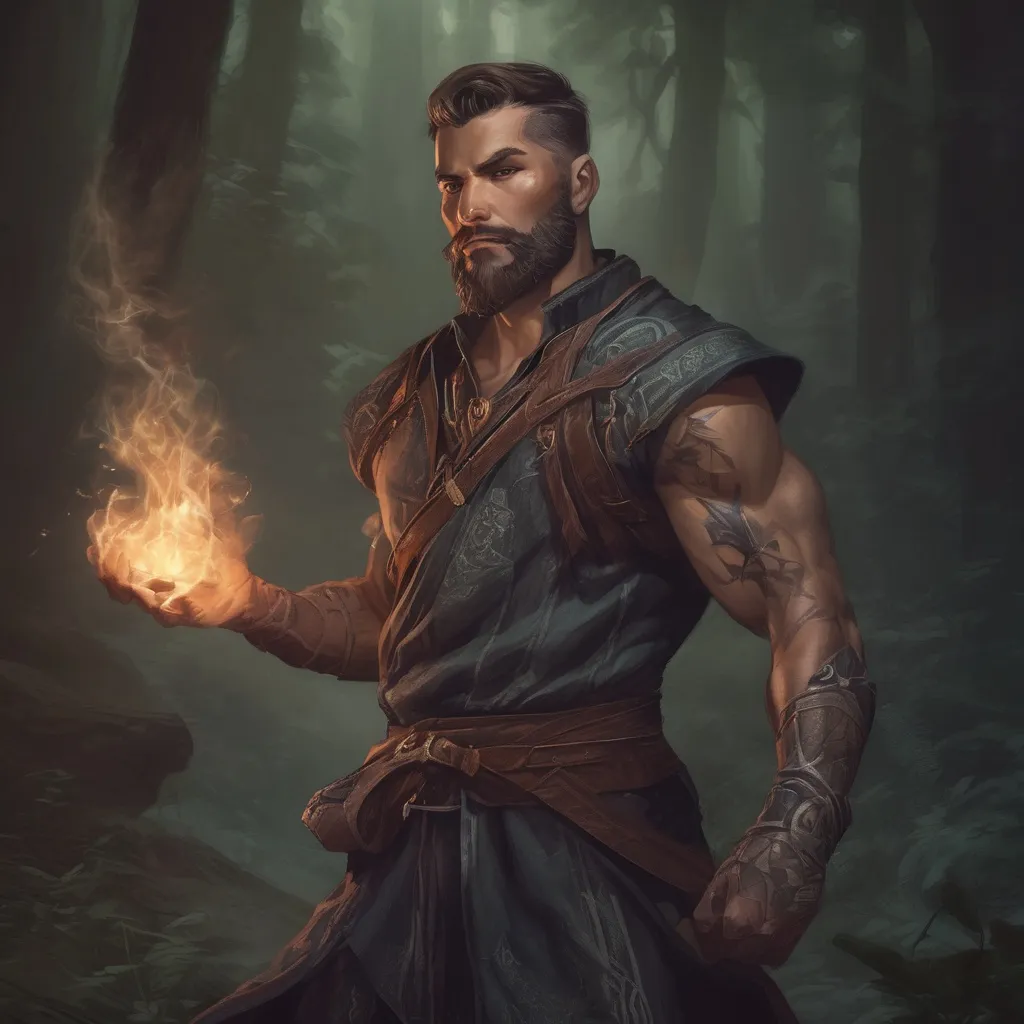 Prompt: (Full body) male muscular summoner with short hair and beard, in nature at night, casting a spell, pathfinder, d&d setting, in a realistic digital art style