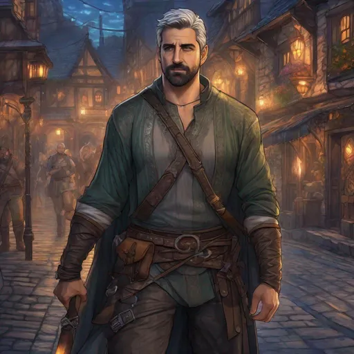 Prompt: (Full body) A male short-haired thief looks like aaron rodgers with open shirt hairy chest and short beard grey hair, glowing magic, fantasy weapon, shirt with details, manly, pathfinder, dungeons and dragons fantasy setting, night time in a town street, in a painted style, realistic