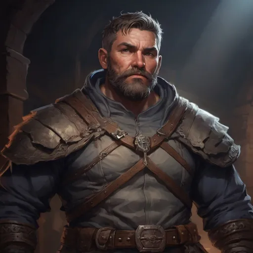 Prompt: Male stocky large mature fighter with short-cut hair and beard, exploring a dark dungeon fighter a shadow-monster, pathfinder, d&d setting, in a realistic high quality digital art style, enhanced shadow quality, colorful