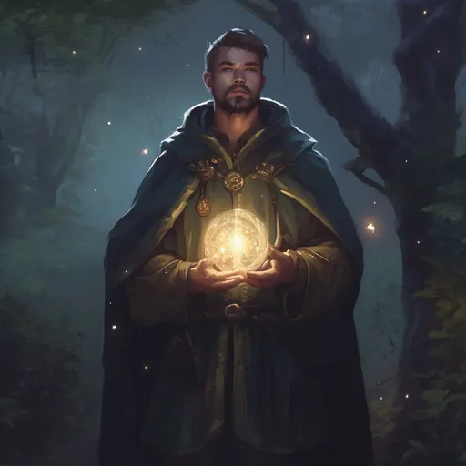 Prompt: (Full body) male stocky young magical Cleric with short-cut hair and beard, casting a magical healing spell, in nature in the dark, cloak, pathfinder, d&d setting, in a realistic digital art style