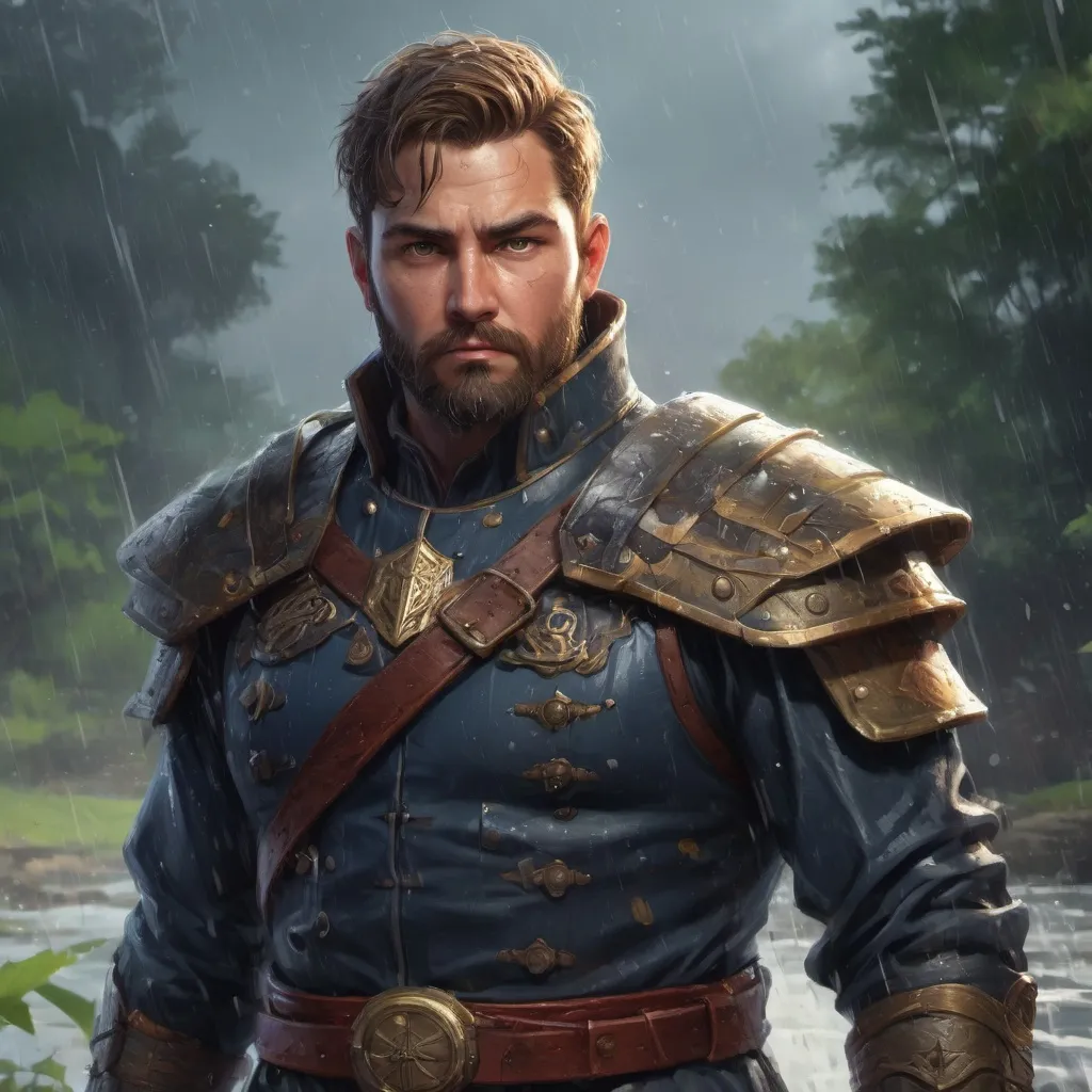 Prompt: Male stocky heavy-set fat noble guard with short-cut hair and beard, open shirt, in nature in a heavy rainstorm, pathfinder, d&d setting, in a realistic high quality digital art style, enhanced shadow quality, colorful