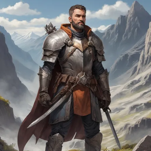 Prompt: Male heavy-set mature holy-knight with short-cut hair and beard, holding weapon, in a mountain valley, in combat, pathfinder, d&d setting, in a realistic high quality digital art style, enhanced shadow quality