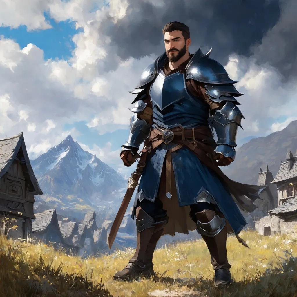 Prompt: (Full body) male rogue with short hair and beard, in rugged navy-blue armor, exploring a dark fantasy villiage by a mountain, pathfinder, d&d setting, in a detailed digital art style