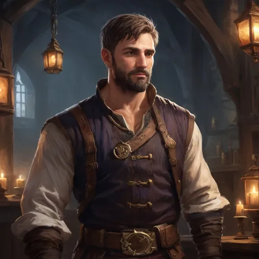 Prompt: Male stocky large muscular royal bard with short-cut hair and beard, exploring a dark tavern room, pathfinder, d&d setting, realistic, enhanced shadow quality