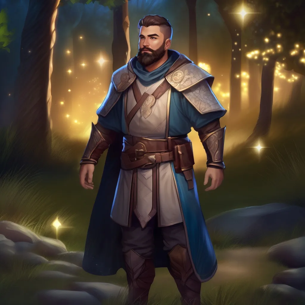 Prompt: (Full body) male magical stocky cleric with short hair and beard, in nature at night, pathfinder, d&d setting, in a realistic digital art style