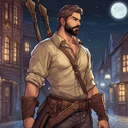 Prompt: (Full body) A male short-haired ranger with open shirt hairy chest and short beard holding a bow, manly, dungeons and dragons fantasy setting, night time in a town street, in a painted style