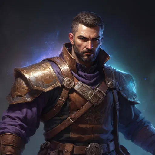 Prompt: Male stocky large mature albanian fighter with short-cut hair and beard, exploring a dark astral magical dungeon in combat, pathfinder, d&d setting, in a realistic high quality digital art style, enhanced shadow quality, colorful