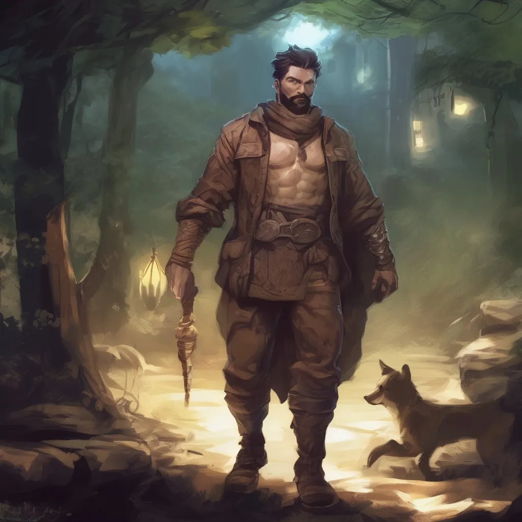 Prompt: (Full body) male stocky big-chested thief with short hair and beard, no shirt on, casting a spell, in nature at night, pathfinder, d&d setting, in a realistic digital art style