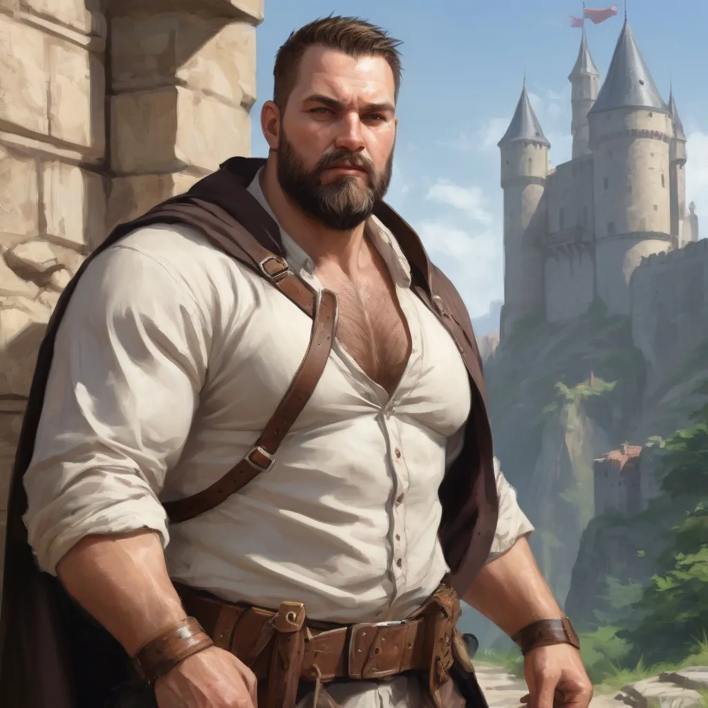 Prompt: (torso) Male stocky large fat beefy 37-year old warrior with short-cut hair and beard, open shirt hairy chest, in movement on a windy path by a castle, pathfinder, d&d setting, in a realistic high quality digital art style, enhanced shadow quality, colorful