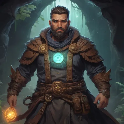Prompt: Male stocky large mucular south-pacific arcane-druid with short-cut hair and beard, exploring a dark astral magical dungeon in combat, pathfinder, d&d setting, in a realistic high quality digital art style, enhanced shadow quality, colorful