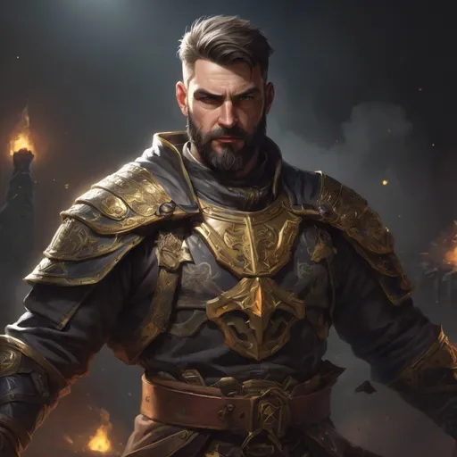 Prompt: Male stocky heavy-set mature illutionist with short-cut hair and beard, on a battlefield, in combat, casting a gold-spell, pathfinder, d&d setting, in a realistic high quality digital art style, enhanced shadow quality