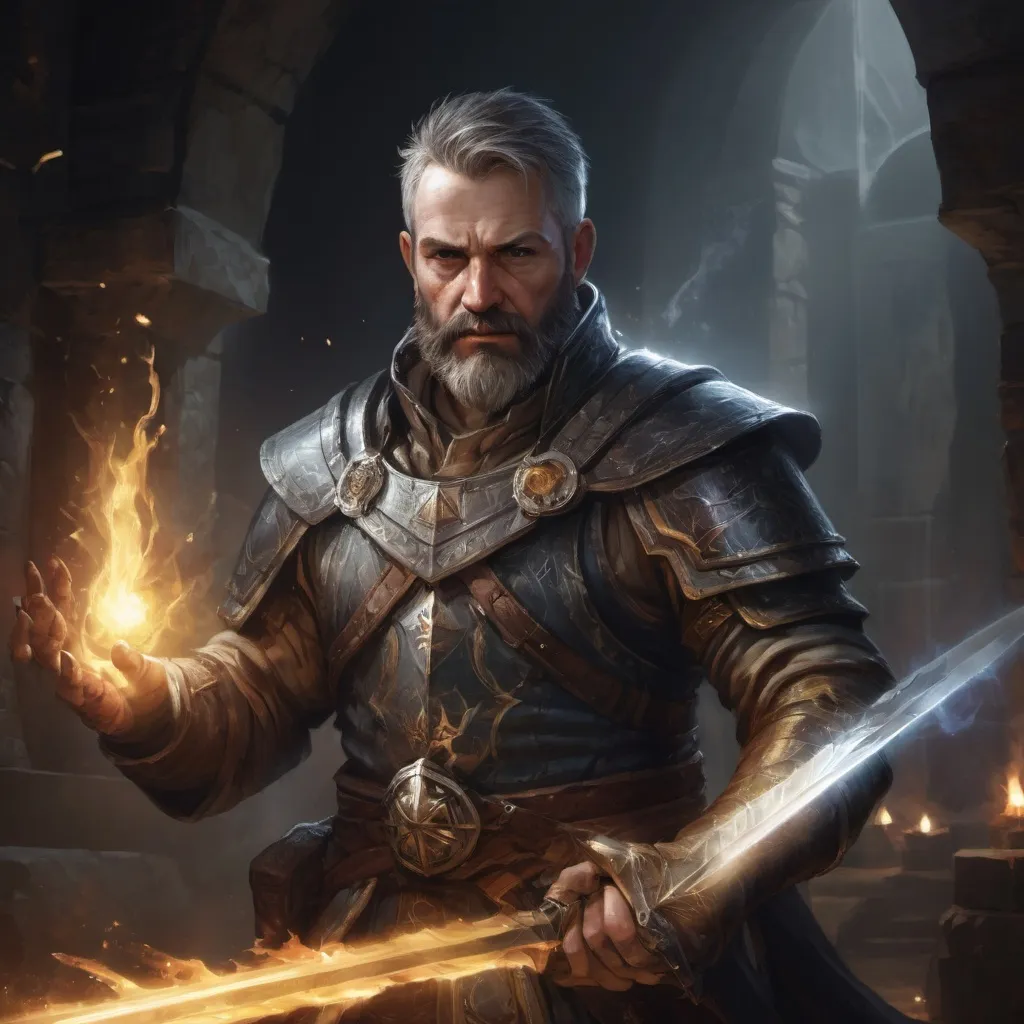 Prompt: Male stocky large mature cleric with short-cut hair and beard, engaged in combat casting a prismatic-light spell inside of a dark dungeon, pathfinder, d&d setting, enhanced shadow quality
