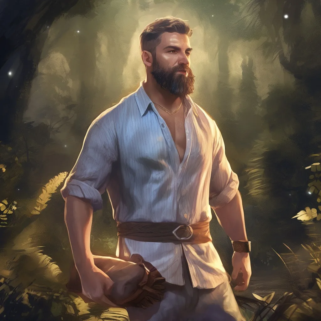 Prompt: (Full body) male stocky big-chested young transmuter with striped short hair and beard, hairy chest, casting swirly bright spell, in nature at night, pathfinder, d&d setting, in a realistic high quality digital art style