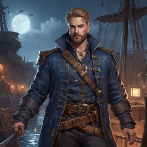 Prompt: (Full body) male stocky heavy-built pirate rogue with short dark-blonde hair and beard, blue eyes, wearing magic coat, on a ship by land at night, pathfinder, d&d setting, in a realistic high quality digital art style