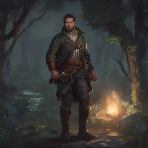 Prompt: (Full body) male stocky big-chested thief with short hair and beard, in nature at night, pathfinder, d&d setting, in a realistic digital art style