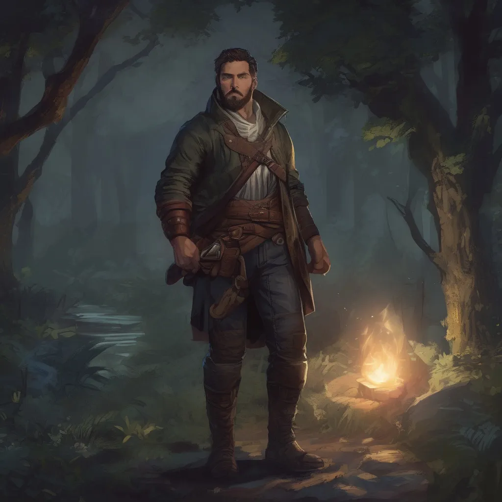 Prompt: (Full body) male stocky big-chested thief with short hair and beard, in nature at night, pathfinder, d&d setting, in a realistic digital art style