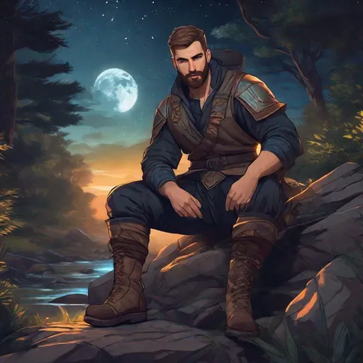 Prompt: A male fighter looks like scott evans with short-cut hair and beard, in nature at night, boots, pathfinder, in a detailed realistic digital art style