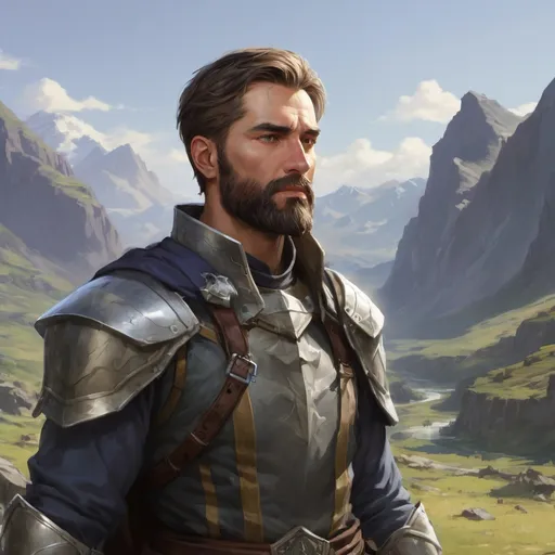 Prompt: Male heavy-set mature holy-paladin with short-cut hair and beard, in a windy valley, pathfinder, d&d setting, enhanced shadow quality