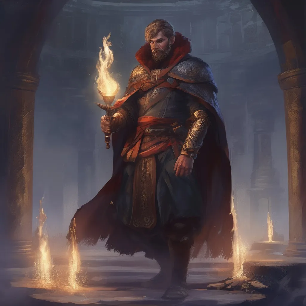 Prompt: (Full body) male large latvian sorcerer with short-cut hair and beard, casting a magical spell, in a dark magic temple dungeon, cloak, pathfinder, d&d setting, in a realistic digital art style