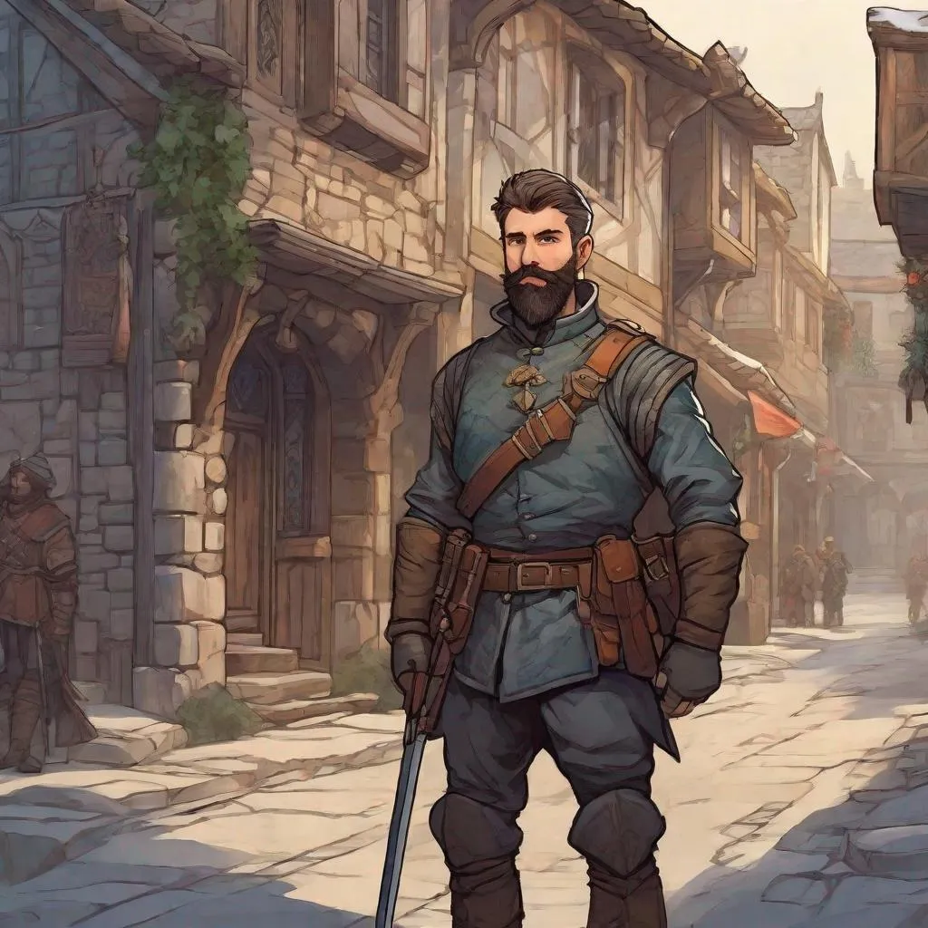 Prompt: (Full body) A male soldier with short hair and short beard, big nose, hairy chest, dungeons and dragons fantasy setting, in a town street, in a painted style