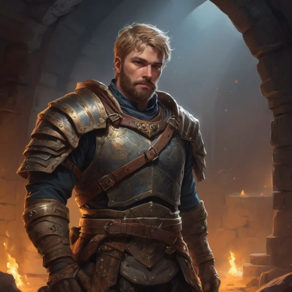 Prompt: Male stocky warrior in  a breastplate, with short dark-blonde hair and beard, exploring a dark dungeon, pathfinder, d&d setting, in a realistic high quality digital art style, enhanced shadow quality, very colorful