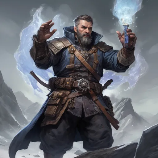 Prompt: Male stocky heavy-set mature arcane-alchemist with short-cut hair and beard, on a battlefield, in combat, holding a frostbomb, pathfinder, d&d setting, in a realistic high quality digital art style, enhanced shadow quality, colorful