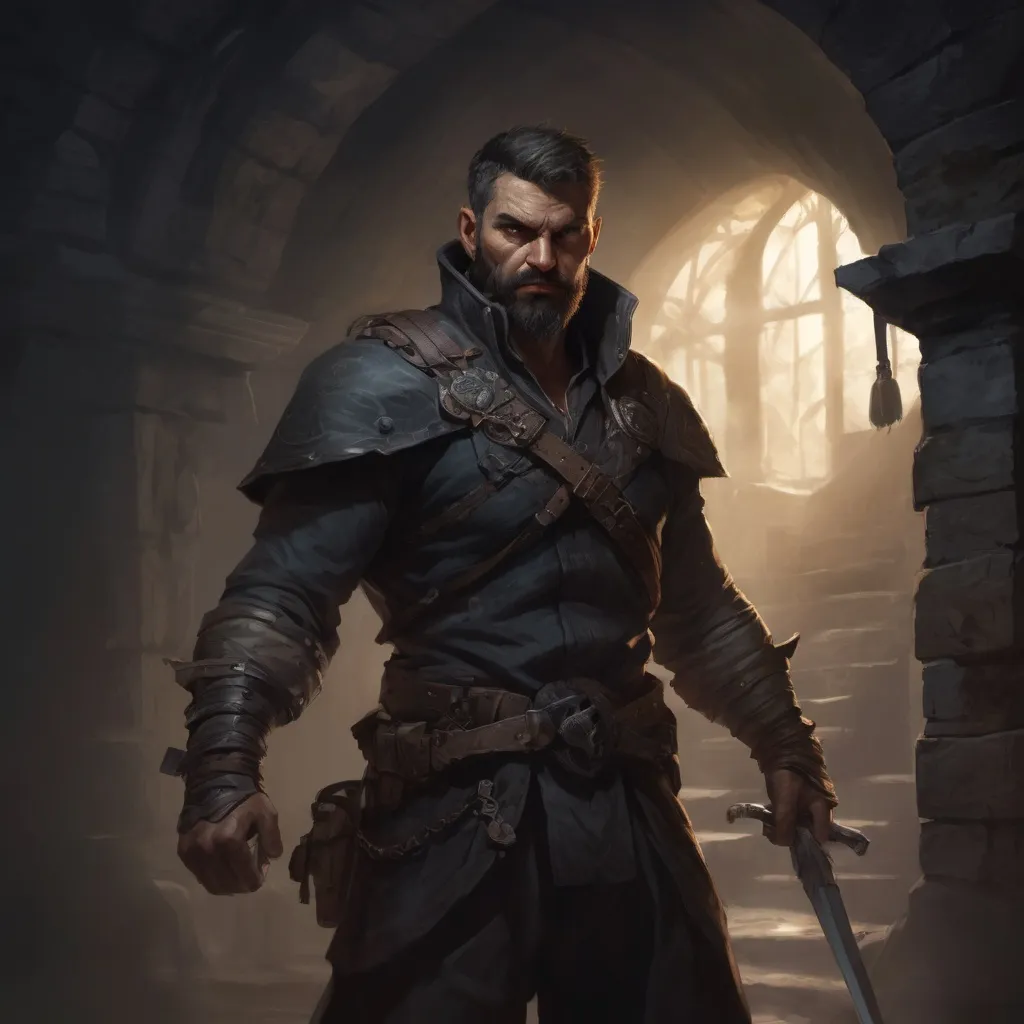 Prompt: Male stocky large mature fighter with short-cut hair and beard, exploring a dark dungeon fighter a shadow-monster, pathfinder, d&d setting, in a realistic high quality digital art style, enhanced shadow quality
