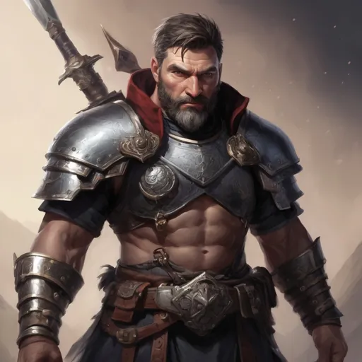 Prompt: Male stocky large mature warrior with short-cut hair and beard, exploring a dark astral dimention, pathfinder, d&d setting, in a realistic high quality digital art style, enhanced shadow quality, colorful