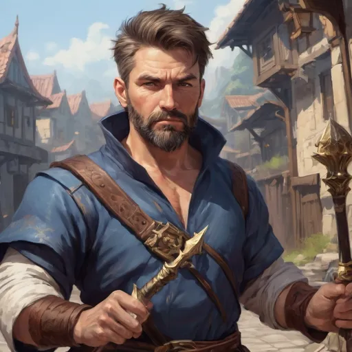 Prompt: (Torso and head) Male stocky scruffy beefy 39-year old mage with short-cut hair and beard, big pectorals holding a magic staff in movement, in a fantasy town-street, pathfinder, d&d setting, enhanced shadow quality, in a digital art style