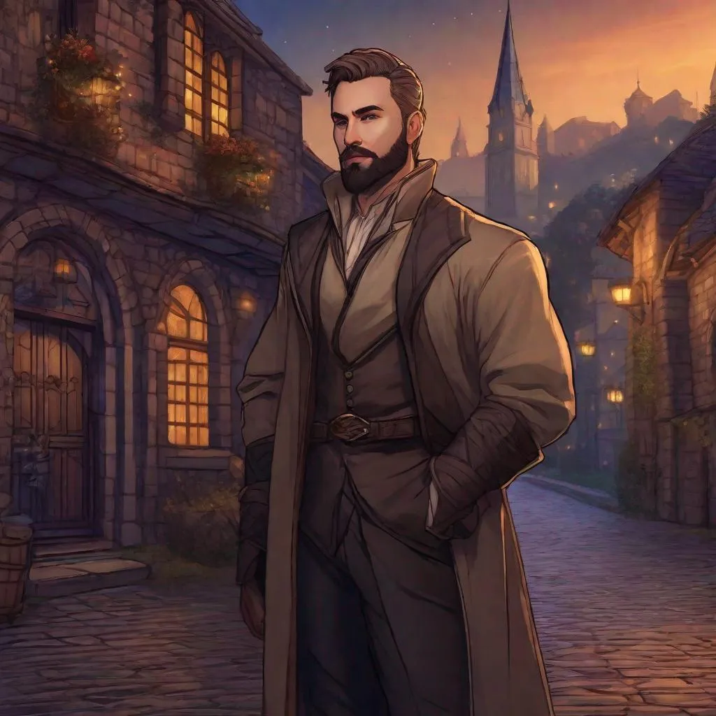 Prompt: (Full body picture) A male diplomat with short-cut hair with hairy chest and short beard, manly, fantasy setting, dungeons and dragons, outside of in a town at night, in realistic digital art style