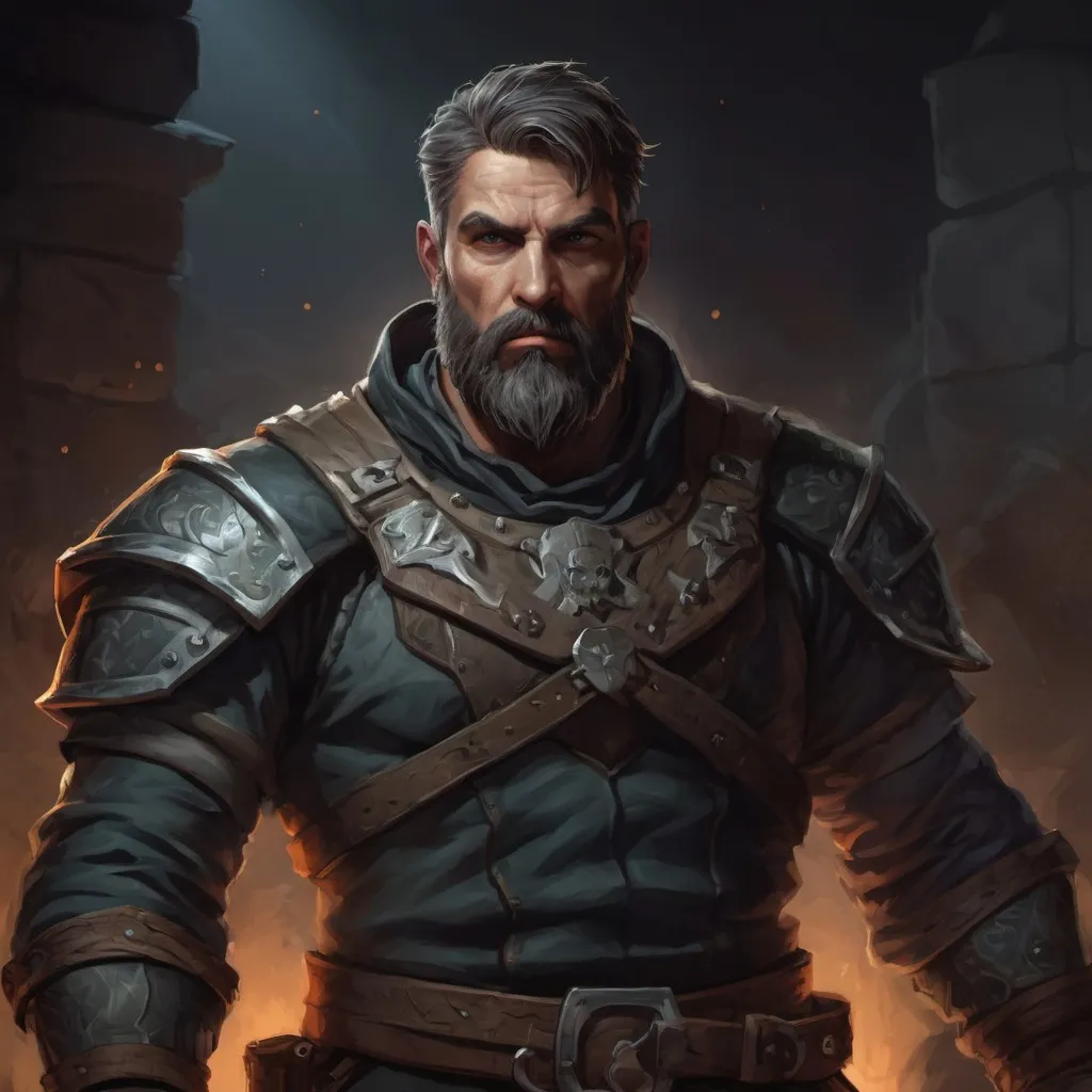 Prompt: Male stocky large mature fighter with short-cut hair and beard, exploring a dark dungeon fighter a shadow-monster, pathfinder, d&d setting, in a realistic high quality digital art style, enhanced shadow quality, colorful