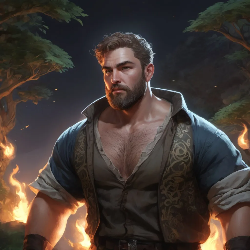 Prompt: male stocky heavy-set fat british transmuter with short-cut hair and beard,  open shirt hairy chest, casting swirly bright spell, in nature at night, pathfinder, d&d setting, in a realistic high quality digital art style, enhanced shadow quality