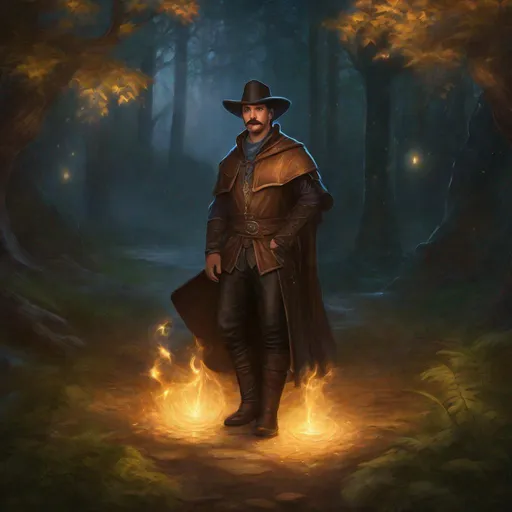 Prompt: (Full body) A male black mage with short cut hair with a mustache and stubble manly face, pathfinger, magic swirl, leather pants, holding magic , dungeons and dragons, brown boots, fantasy setting, in a forest glade at night, in a painted style realistic art