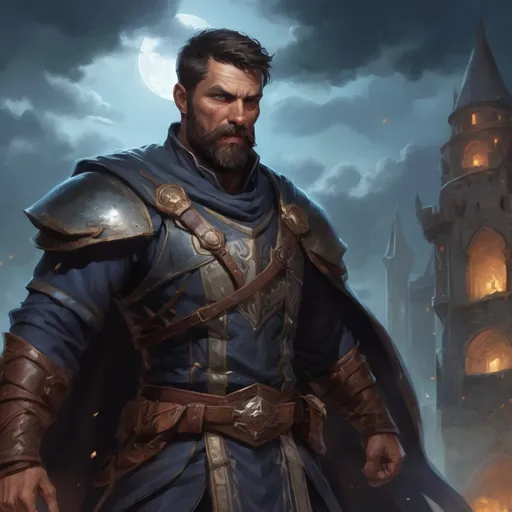 Prompt: Male heavy-set mature fit muscular large sorcerer with short-cut hair and beard, in a windy castleground at night, pathfinder, d&d setting, enhanced shadow quality