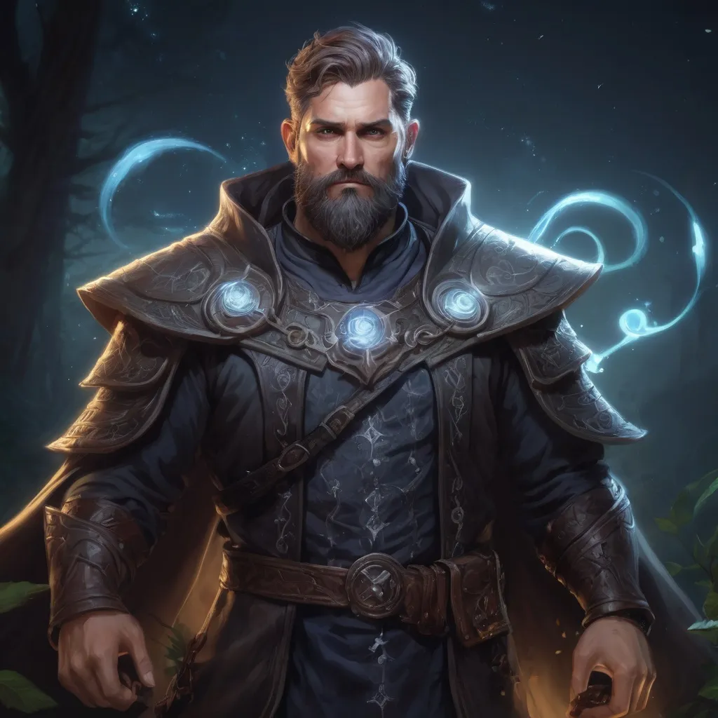 Prompt: (Full body) male stocky heavy-set 
warlock with short hair and beard, hairy chest, casting swirly bright spell, in nature at night, pathfinder, d&d setting, in a realistic high quality digital art style
