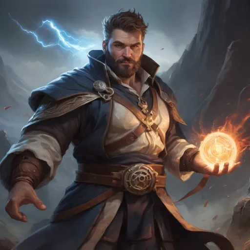 Prompt: Male stocky heavy-set large fit cleric with short-cut hair and beard, open shirt, casting a healing-spell out of hands, in a windy valley in a battle, pathfinder, d&d setting, enhanced shadow quality