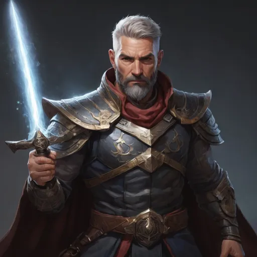 Prompt: (torso) Male stocky large mature fit battle-mage with short-cut hair and beard, engaged in combat casting a light-spell  nature, pathfinder, d&d setting, enhanced shadow quality
