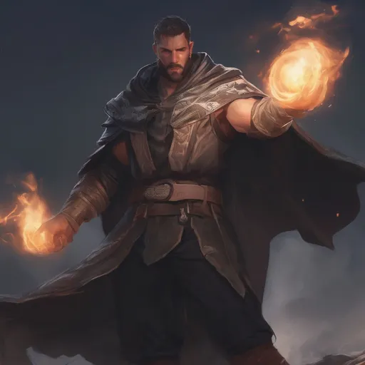 Prompt: (Full body) male large muscular battle mage with short-cut hair and beard, in nature in the dark, cloak, pathfinder, d&d setting, in a realistic digital art style