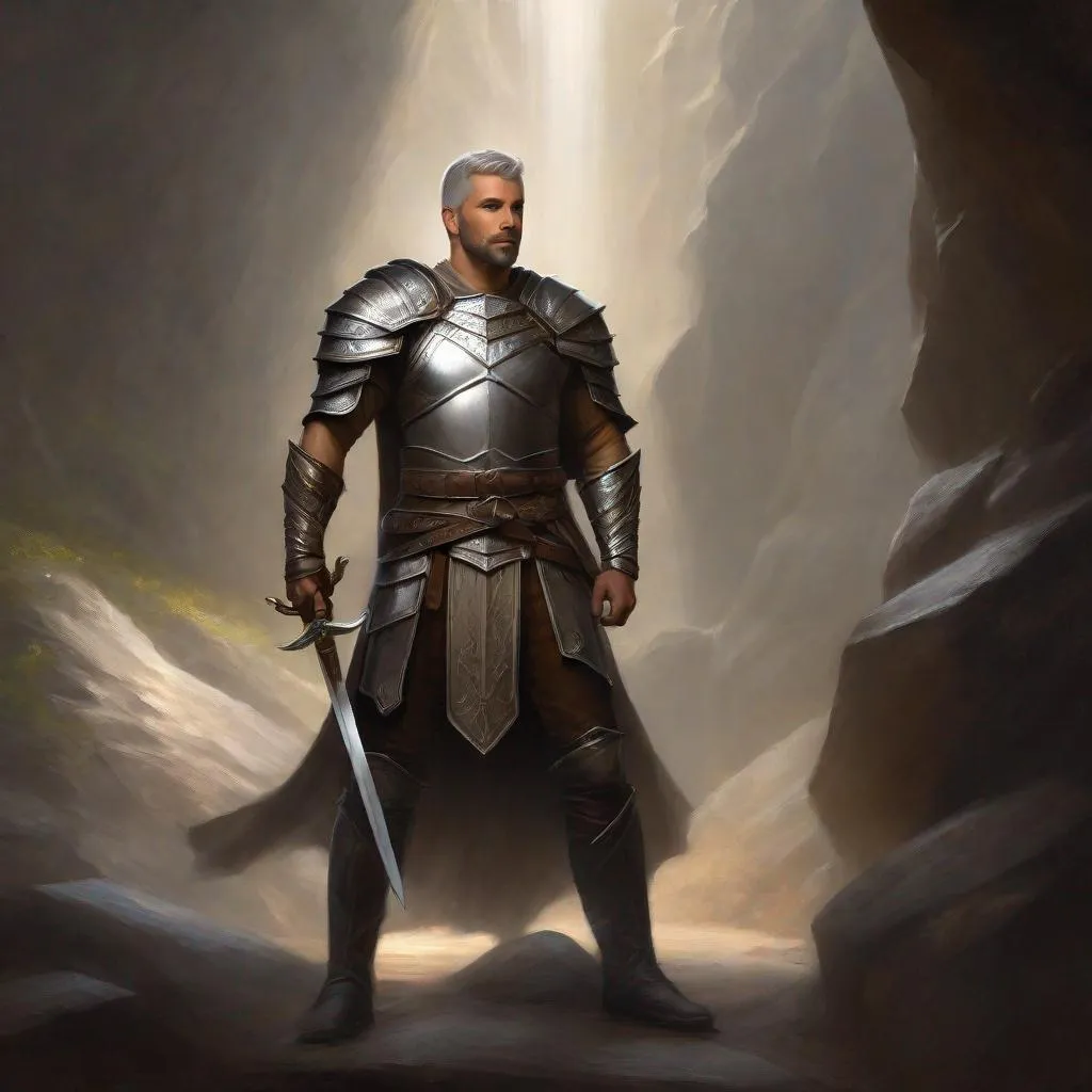 Prompt: (Full body) a paladin with short beard  grey short-cut hair no shirt on, belt, boots, leather pants, holding a sword, standing in a dark cavern, fantasy setting, dungeons & dragons, in a painted style realistic art