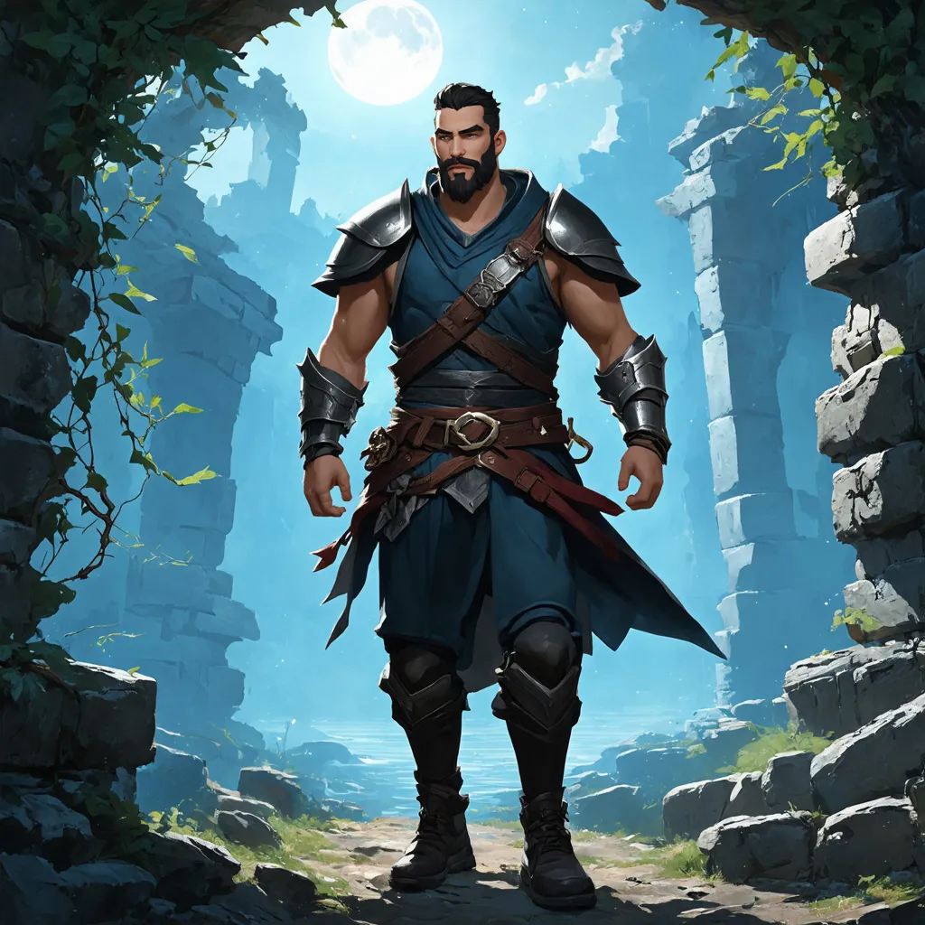 Prompt: (Full body) male rogue with a short hair and beard, belt and pants, exploring ruins at night, pathfinder, d&d setting, in a digital art style