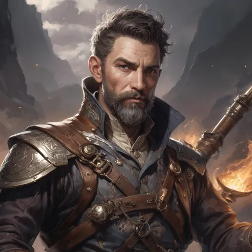 Prompt: Male heavy-set mature fit bard with short-cut hair and beard, holding an magical instrument, in a windy battlefield, pathfinder, d&d setting, enhanced shadow quality