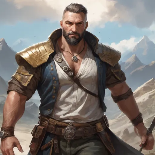 Prompt: (torso) Male stocky large fit 37-year old enchanter with short-cut hair and beard, open shirt hairy chest, in combat casting a magic-ray out of hands in a windy path, pathfinder, d&d setting, in a realistic high quality digital art style, enhanced shadow quality, colorful