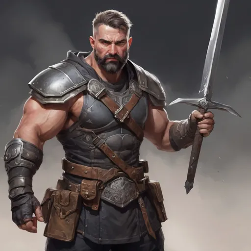 Prompt: Male stocky heavy-set mature muscular guardian with short-cut hair and beard, on a battlefield, in combat, holding a sword, pathfinder, d&d setting, in a realistic high quality digital art style, enhanced shadow quality, colorful