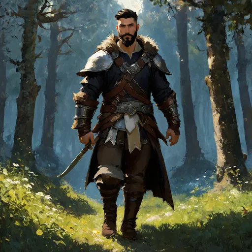 Prompt: (Full body) male warrior with short hair and beard, exploring a dark fantasy forest, pathfinder, d&d setting, in a detailed digital art style