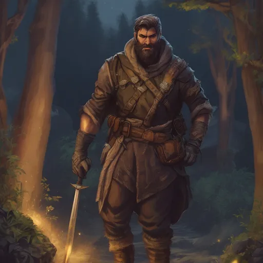 Prompt: (Full body) male stocky big-chested hairy-chested rogue bandit with short hair and beard, in nature at night, pathfinder, d&d setting, in a realistic digital art style