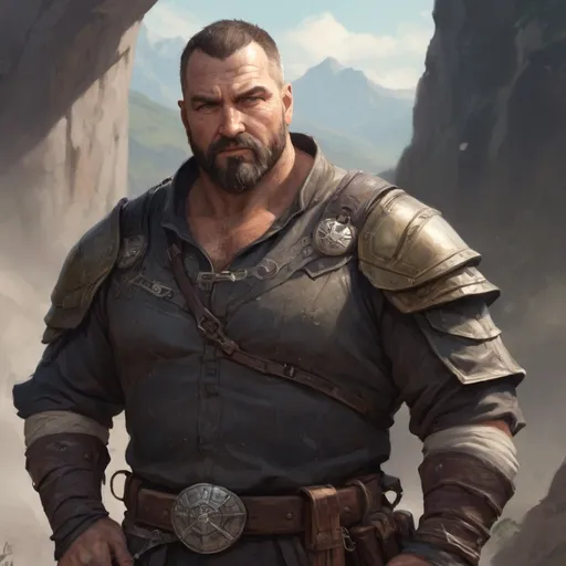 Prompt: (torso) Male stocky large fat beefy 45-year old enchanter with short-cut hair and beard, open shirt hairy chest, in combat casting a magic-ray out of hands in a windy valley, pathfinder, d&d setting, in a realistic high quality digital art style, enhanced shadow quality
