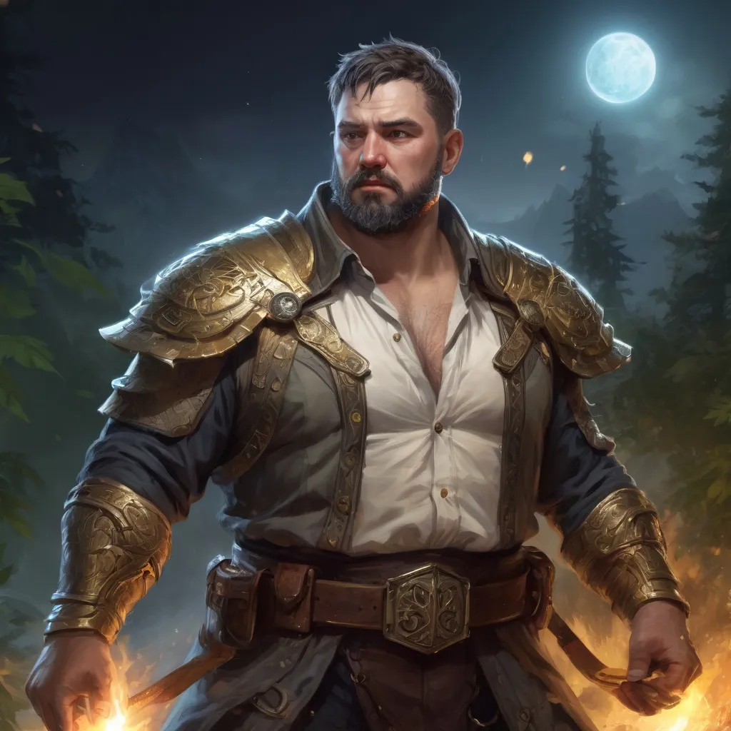 Prompt: Male stocky large fat paladin with short-cut hair and beard, open shirt hairy chest, in combat casting a magic-ray out of hands in nature at night, pathfinder, d&d setting, in a realistic high quality digital art style, enhanced shadow quality, colorful